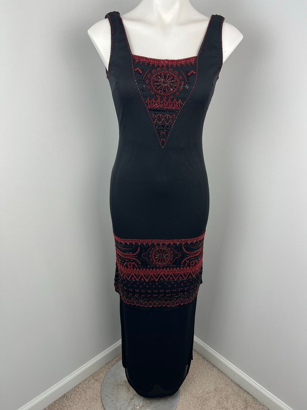 Nita Ideas Beaded Red Black Mesh Form Fitting Dress Size 4 Whimsigoth Y2K 1920s